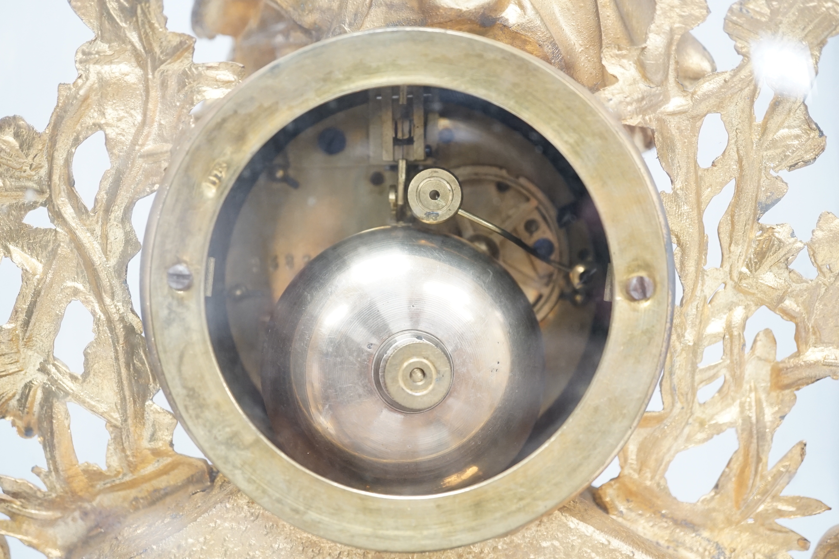 A 19th century Louis XVI-style gilt metal mantel clock, under glass dome, French movement striking on a bell, with key, 41cm